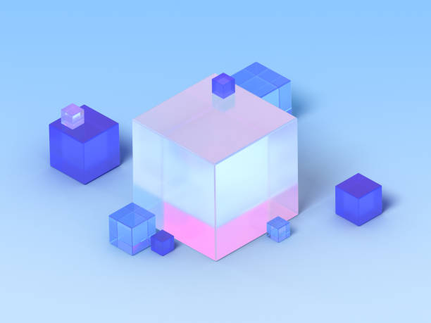istock 3D rendered box shapes in semi- transparent material on a blue background. Illustration of abstract cubes, geometry, or minimalism. Visualization of illusion and backgrounds. 1339697758