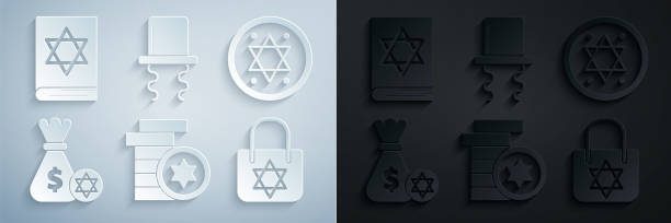 Set Jewish coin, money bag with star of david and, Shopping, Orthodox jewish hat sidelocks and torah book icon. Vector Set Jewish coin money bag with star of david and Shopping Orthodox jewish hat sidelocks and torah book icon. Vector. hanukkah shopping stock illustrations