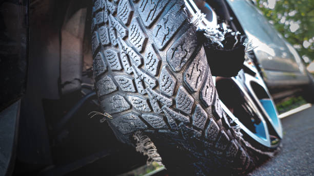 istock Damaged tire after tire explosion at high speed on the highway 1339702230