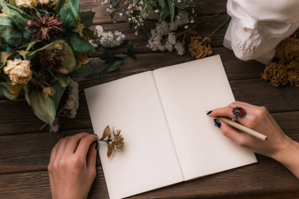 istock Woman writes in a blank notebook, view of hands. 1339704428