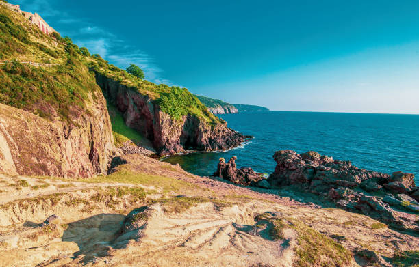 Rocky coastal area around Hammershus Ruins Castle in Bornholm, Denmark