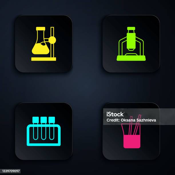 Lab Glassware Square Set Laboratory Glassware Test Tube Flask On Stand And Microscope Black ...