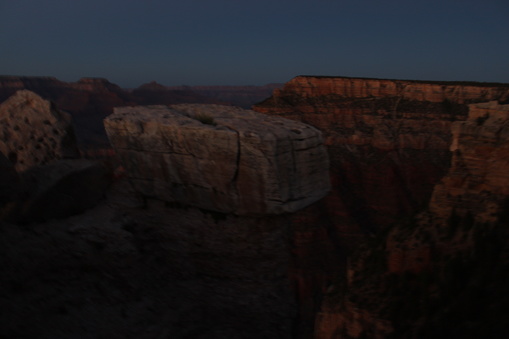 The south rim of Grand Canyon National Park in Arizona at dusk in the early evening.