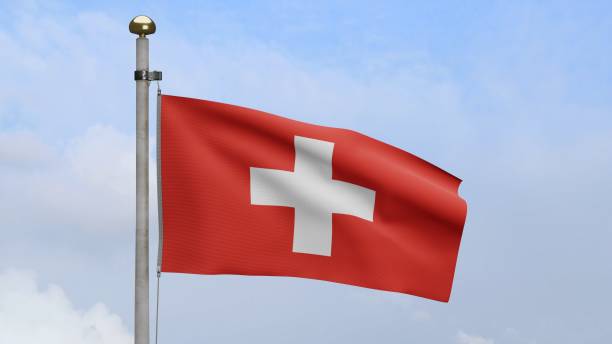 istock 3D, Switzerland flag waving on wind with blue sky and clouds. 1339711120