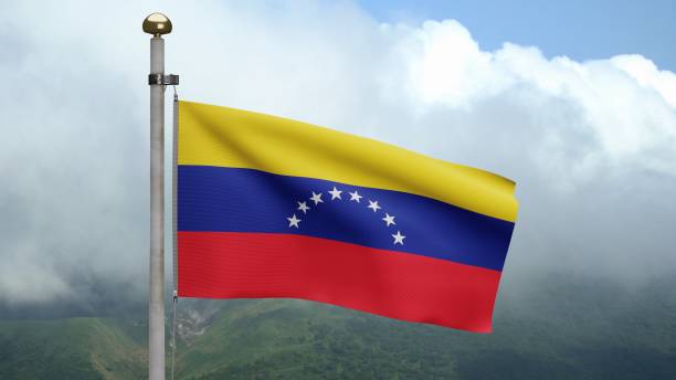 istock 3D, Venezuelan flag waving on wind with blue sky and clouds. 1339711250