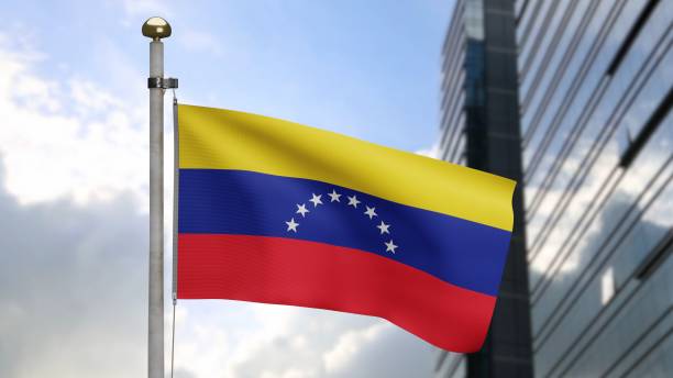 istock 3D, Venezuelan flag waving on wind with modern skyscraper city. 1339711269
