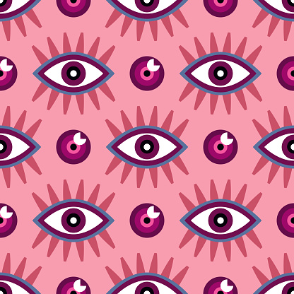 Awesome  seamless pattern with esoteric eye different shapes, Magic, witchcraft, occult symbol,  colorful line art. Template design fabric, paper, textile. Vector Modern mythic graphic background illustration.