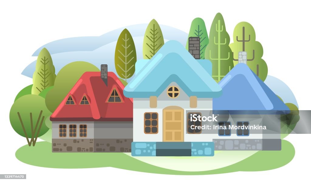 Cozy houses. Funny cartoon style. Country suburban village. Farm hut in the garden. Fairy tale illustration for children. Art illustration isolated on white background. Vector. - Royalty-free Architectuur vectorkunst Cozy houses. Funny cartoon style. Country suburban village. Farm hut in the garden. Fairy tale illustration for children. Art illustration isolated on white background. Vector. - Royalty-free Architectuur vectorkunst
