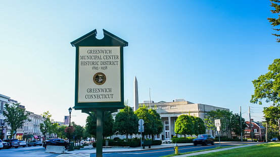 Greenwich, CT, USA - September 11, 2021: Historic district sign located at Greenwich Avenue