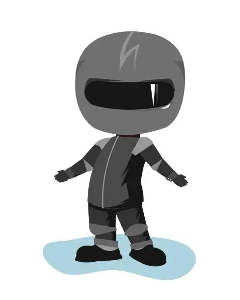 Vector illustration of Motorcyclist in a black jacket and helmet. Biker uniform. Does not know. Cartoon style. Funny character. Flat design. Isolated on white background. Vector