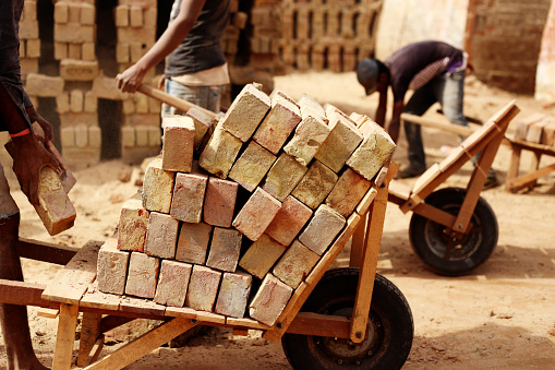 Loading brick in cart in the brick factory.