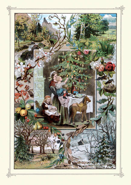 ilustrações, clipart, desenhos animados e ícones de mãe e filhos decorando a árvore de natal, com presentes sob ela, ilustração vintage vitoriana - christmas season christmas tree nostalgia