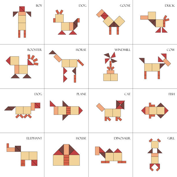 ilustraciones, imágenes clip art, dibujos animados e iconos de stock de juego de rompecabezas tangram esquemas con diferentes objetos - figuras geometricas para preescolar