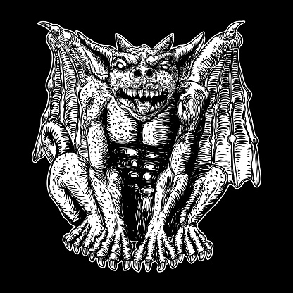 Mythological ancient gargoyle creatures human and dragon like chimera with bat wings and horns. Mythical gargouille with sharp fangs and claws in seating position. Engraved hand drawn sketch. Vector.