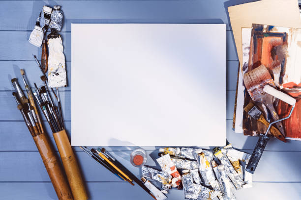 istock Drawing or painting in art studio. Top view mock-up background 1339727781