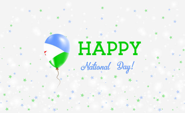 ilustrações de stock, clip art, desenhos animados e ícones de djibouti national day patriotic poster. flying rubber balloon in colors of the djibouti flag. djibouti national day background with balloon, confetti, stars, bokeh and sparkles - symbol sign vector republic of djibouti