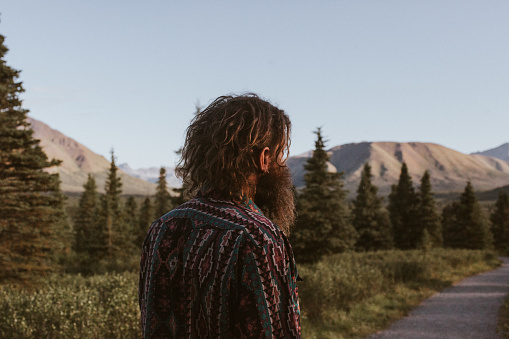 Man walks on footpath trail through Denali National Park in Alaska. It is sunset, a gentle wind blows his hair back. He has a beard.