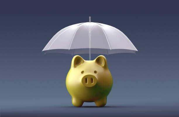 umbrella protège une tirelire sur fond bleu. - umbrella protection savings currency photos et images de collection