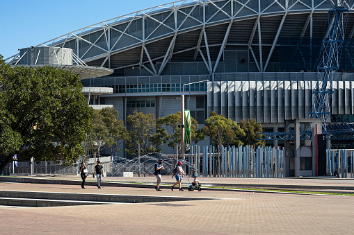 Sydney, Australia, 11 September 2021-Group of people walking at Sydney Olympic Park during the second Covid-19 Lockdown.