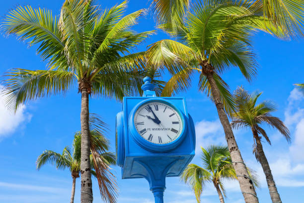 Times Square Clock surrounded by Palm Trees Looking up at the clock in Times Square. Times Square is considered the heart of Estero Island with shops, restaurants and the Fort Myers Beach Pier in Fort Myers Beach, Florida, USA. fort meyers beach stock pictures, royalty-free photos & images