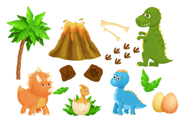 白い背景に分離漫画スタイルの子供っぽい装飾で恐竜の卵、足跡、ジュラ紀の葉、火山や骨とかわいい赤ちゃんの恐竜を設定します。古代の野生のキャラクター。ベクトルの図 - fossil leaves点のイラスト素材／クリップアート素材／マンガ素材／アイコン素材