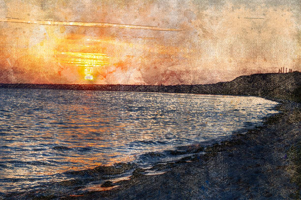 istock Delightful summer sunset over the seashore. A receding orange sun over a sandy beach. Digital watercolor painting. 1339739736