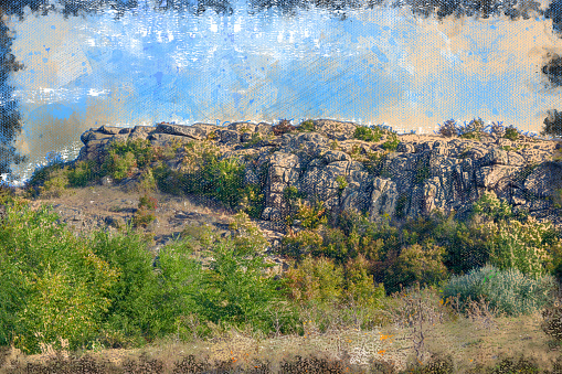 A rocky ridge against the blue sky. The top of the canyon with trees and shrubs. Hiking, traveling. Digital watercolor painting