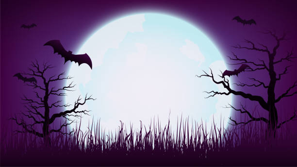 happy halloween purple violet background dengan bulan purnama, pohon mati dan kelelawar, ilustrasi vektor - halloween ilustrasi stok