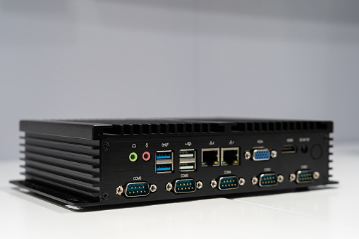 Network ethernet switches, patch cord connected to sfp port of network hardware. Concept of security of remote office work.