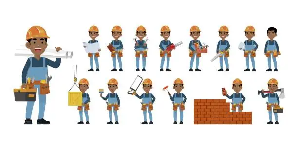 Vector illustration of Set of worker with different poses