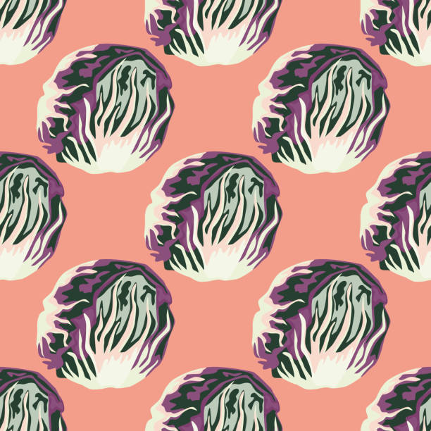 ilustrações de stock, clip art, desenhos animados e ícones de seamless pattern radicchio salad on pastel pink background. abstract ornament with lettuce. - lettuce endive abstract leaf