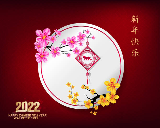 happy chinese new year 2022 - year of the tiger. lunar new year banner design template. - apricot blossom 幅插畫檔、美工圖案、卡通及圖標