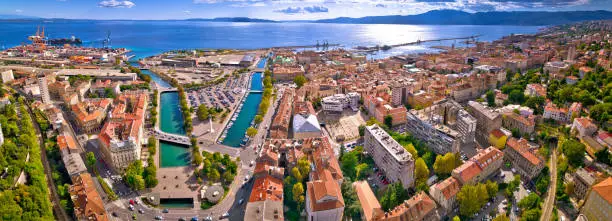 City of Rijeka waterfront and rooftops aerial panoramic view, Kvarner gulf in Croatia