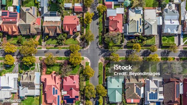 Aerial View Of Leafy Eastern Suburban Houses On 4way Cross Road Intersection In Adelaide South Australia Stock Photo - Download Image Now