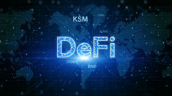DeFi Decentralized finance is a blockchain-based form of finance not rely on central financial intermediaries, Technology future digital money exchange background. 3D Rendering