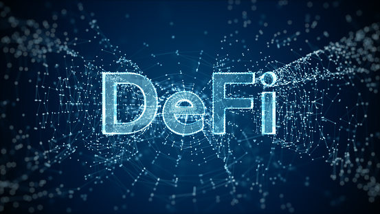 DeFi Decentralized finance is a blockchain-based form of finance not rely on central financial intermediaries, Technology future digital money exchange background. 3D Rendering