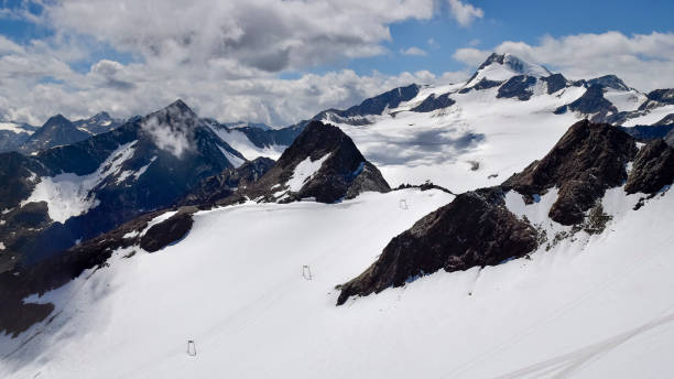 Ski area in summer, snow slopes and mountain peaks Snow mountains panorama landscape with skiing slope, ski resort in summer, Tirol Alps, Austria rettenbach glacier stock pictures, royalty-free photos & images