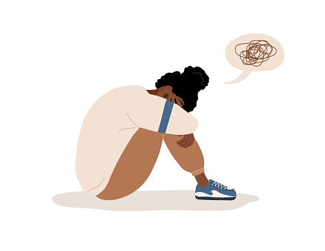 African woman in depression. Sad teenager sitting on floor and crying. Violence in family or mood disorder concept. Vector illustration in flat cartoon style