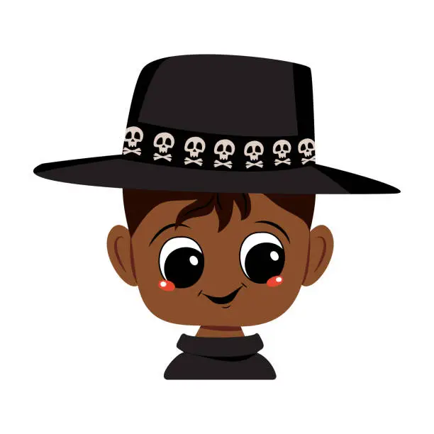 Vector illustration of Avatar of an African American boy with dark skin, big eyes and a wide happy smile wearing a hat with a skull