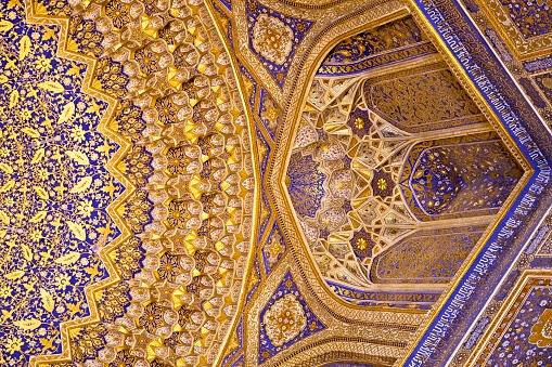 Oriental pattern and decoration on ceiling in Samarkand, Uzbekistan