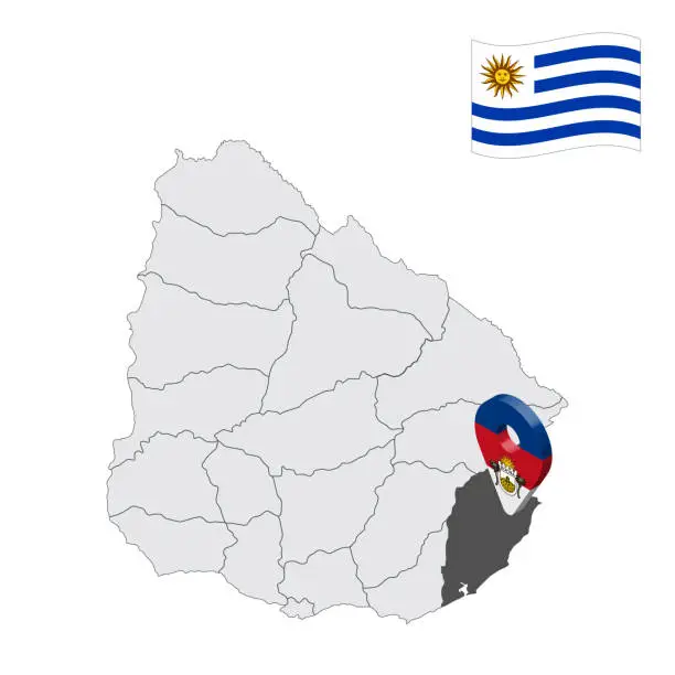 Vector illustration of Location Rocha Department  on map Uruguay. 3d location sign similar to the flag of Rocha Department. Quality map  with  regions of Uruguay for your design. EPS10