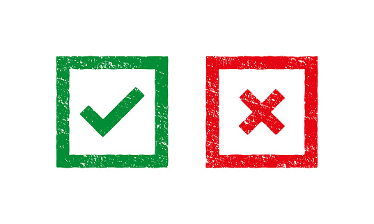 Set of green and red cross and hook Checkmark OK and X icons Symbols YES and NO button for vote decision. Grunge stamp template.