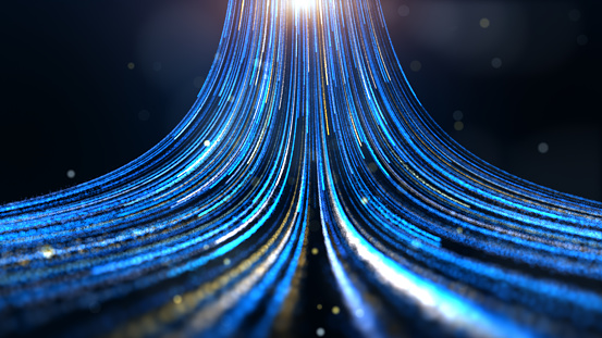 flujo de haz de partículas futurista azul y dorado, flujo de datos digitales. Patrón dinámico con rayos de potencia y luz. photo