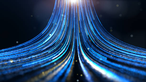 flujo de haz de partículas futurista azul y dorado, flujo de datos digitales. patrón dinámico con rayos de potencia y luz. - velocidad fotografías e imágenes de stock
