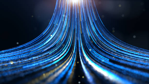 blue and gold futuristic particle beam stream, digital data flow. dynamic pattern with power rays and light. - urgência imagens e fotografias de stock