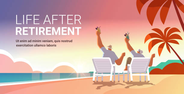 senior man woman drinking cocktails on tropical beach aged couple having fun active old age concept senior man woman drinking cocktails on tropical beach aged couple having fun active old age concept sunset seascape landscape background full length horizontal copy space vector illustration retirement stock illustrations
