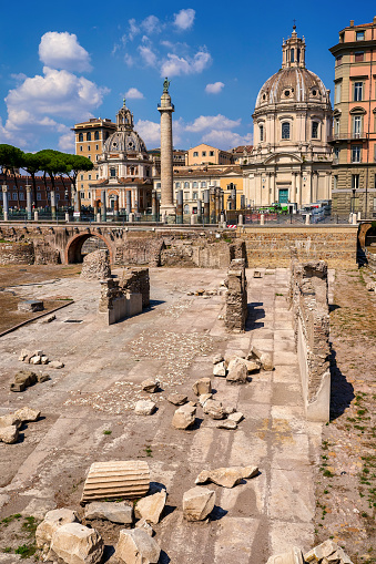 The area of the new archaeological excavations in the Trajan's Forum in the heart of the Imperial Forum of Rome. On the background the Trajan's Column, built to celebrate the victory over the Dacian people and the conquest of Dacia, today's Romania, and the domes of the churches of Santa Maria di Loreto and the Santissimo Nome di Maria al Foro. In 1980 the historic center of Rome was declared a World Heritage Site by Unesco. Image in high definition format.