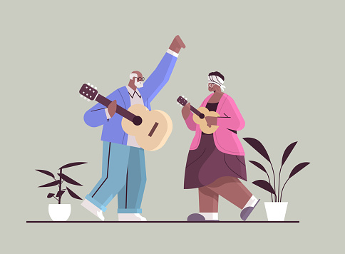 senior african american couple playing guitar grandparents having fun active old age concept horizontal full length vector illustration