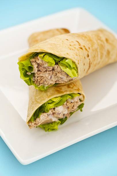 Two tuna melt wrap on a white plate on a blue background