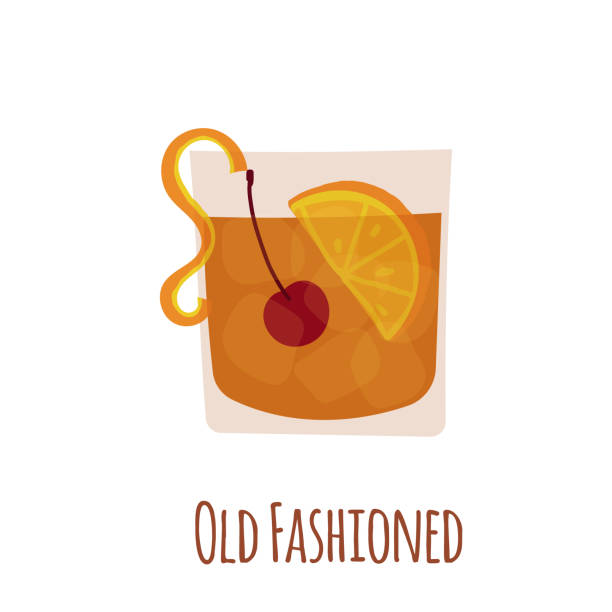 Hand drawn vector illustration of Old Fashioned alcoholic cocktail drink. Isolated on white background. Hand drawn vector illustration of Old Fashioned alcoholic cocktail drink. Isolated on white background maraschino cherry stock illustrations